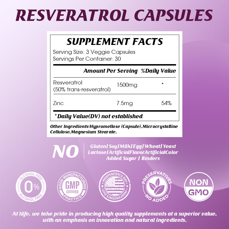 LIIFE Resveratrol Supplement with Trans-Resveratrol & Black Pepper Extract | Antioxidant Support for Cellular Health, Energy & Healthy Aging,