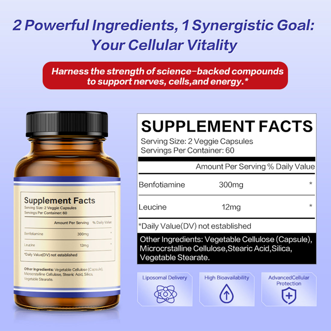 LIIFE Benfotiamine 300mg Per Serving with Leucine Supports Glucose Metabolism & Overall Health,Fat Soluble Vitamin B1 Supplement -120 Veggie Capsules