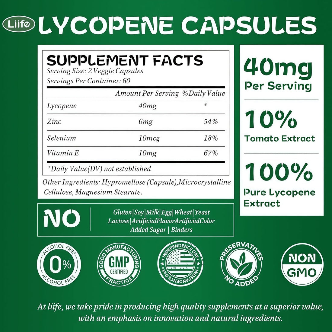 LIIFE Lycopene –Dietary Supplement with Tomato Extract, Zinc, Selenium, Vitamin E -Prostate, Antioxidant, Heart Health, and Overall Health Support – 120 Capsules