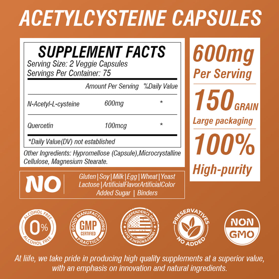 LIIFE NAC (N-Acetylcysteine), 600mg,  Non-GMO, Gluten-Free, Soy-Free, 150 Vegan Capsules