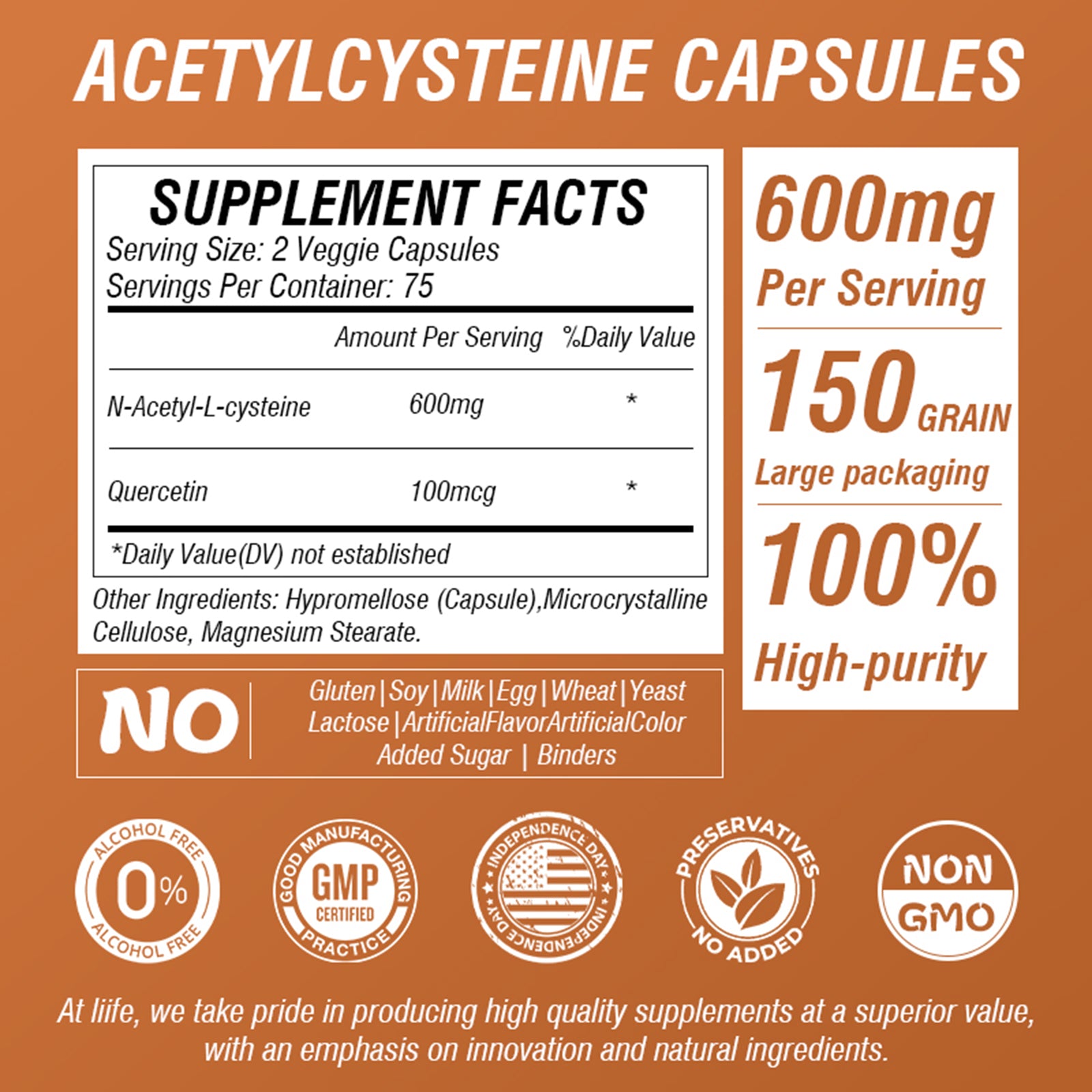 LIIFE NAC (N-Acetylcysteine), 600mg,  Non-GMO, Gluten-Free, Soy-Free, 150 Vegan Capsules
