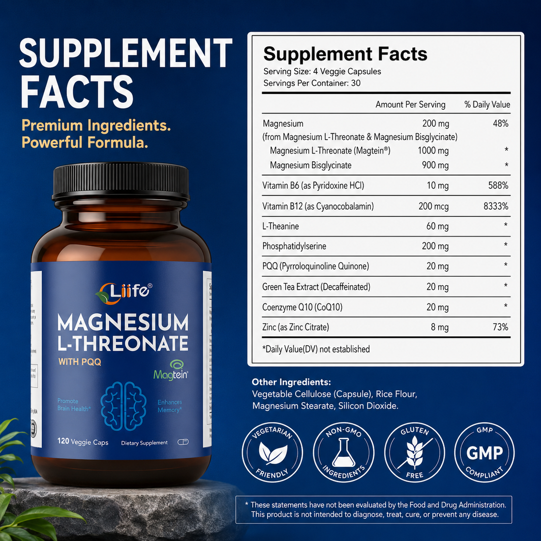 Liife Magnesium L-Threonate with Magtein® & PQQ – Brain Health Support Supplement with Magnesium Bisglycinate, L-Theanine, B6 & B12 – Memory, Focus & Cognitive Support – 120 Veggie Capsules