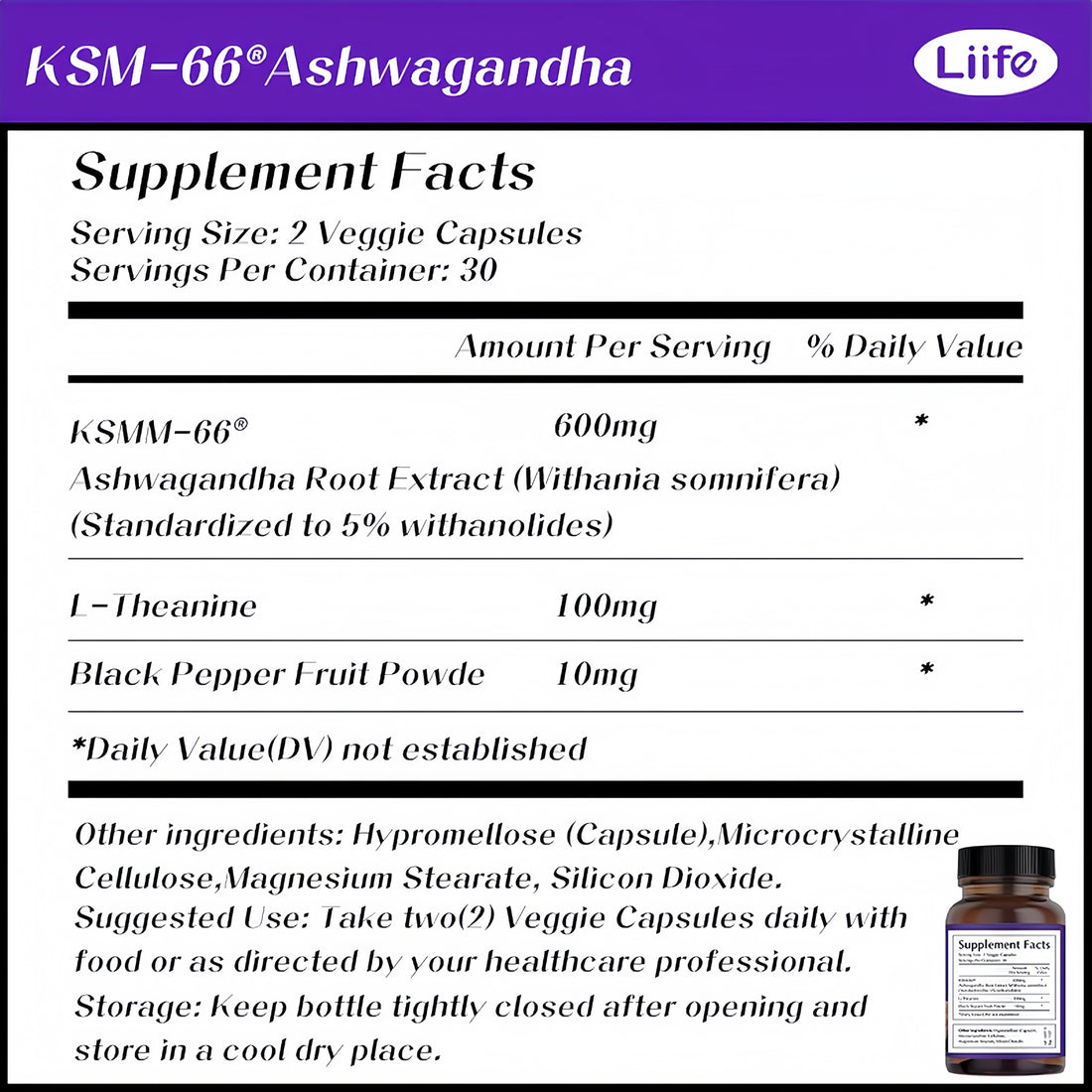 LIIFE KSM-66 Ashwagandha | with L-Theanine &Black Pepper| Natural Stress Relief, Cortisol & Sleep Aid Supplement for Men & Women | Muscle Growth & Mood Relaxation, Energy |60 Veggie Capsules
