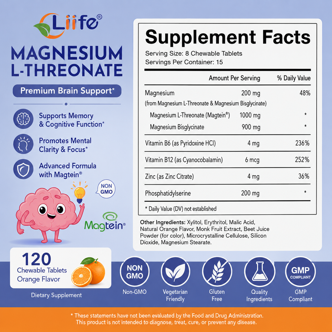 LIIFE MAGNESIUM L-THREONATE Kids Chewable Tablets, Orange Flavor, Easy-to-Chew Daily Supplement for Children, Non-GMO, No Artificial Colors or Flavors, 120 Chewable Tablets