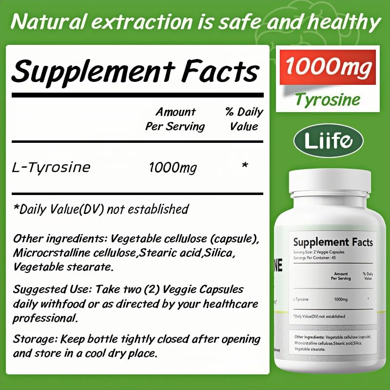 LIIFE L-Tyrosine 1000mg, Supports Normal Healthy Nervous System Activity, enhances Focus, and eases Mood* - 90 Capsules - Gluten-Free & Non-GMO