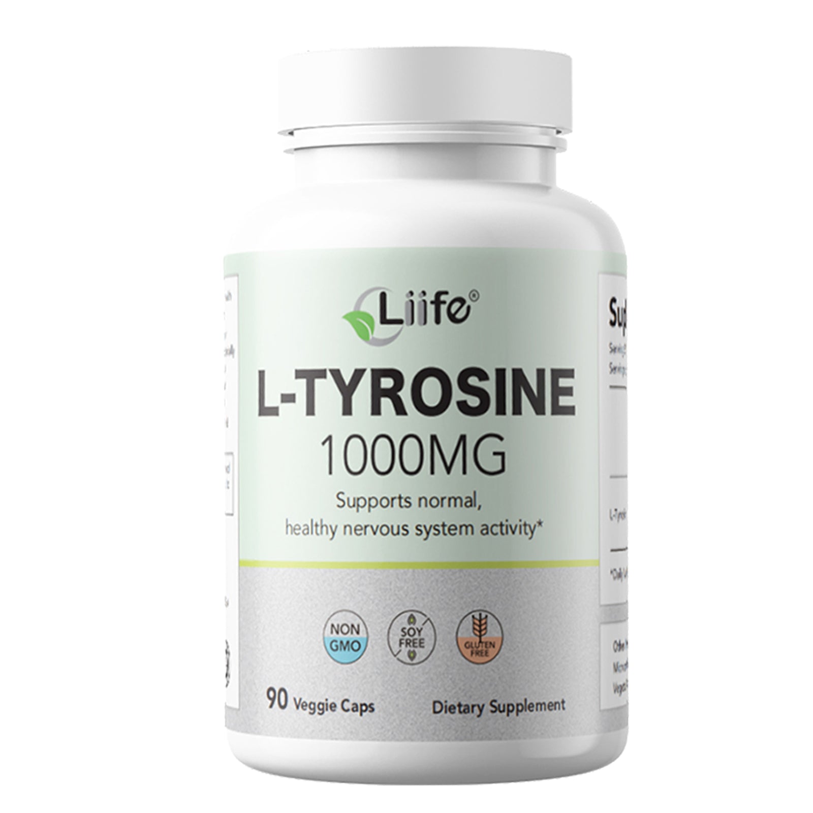 LIIFE L-Tyrosine 1000mg, Supports Normal Healthy Nervous System Activity, enhances Focus, and eases Mood* - 90 Capsules - Gluten-Free & Non-GMO