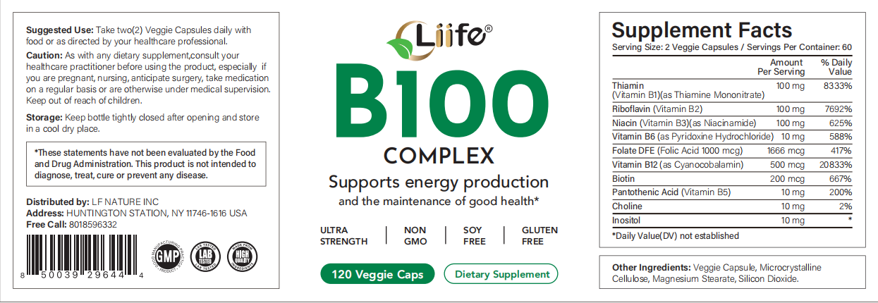 Liife Vitamin B100 Complex Supplement - Supports Energy Production & Overall Health - 120 Veggie Capsules