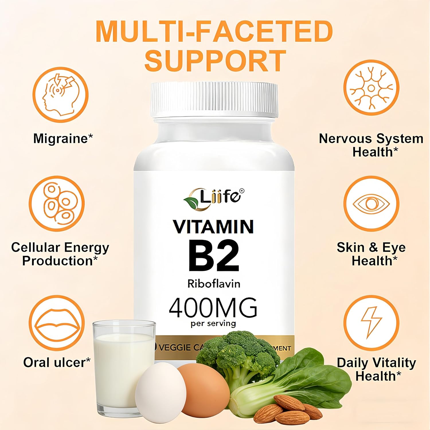 LIIFE High-Potency Vitamin B2 (Riboflavin) 400 mg - 180 Vegetarian Capsules, supports energy metabolism and mucosal health, promotes healthy skin, gluten-free, non-GMO