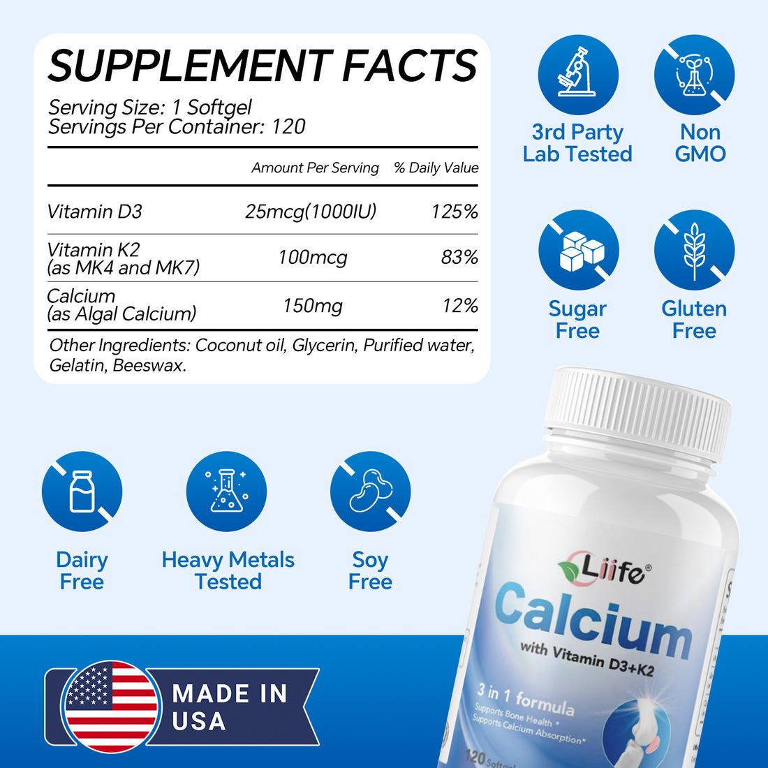 LIIFE 150mg Calcium with Vitamin D3 & K2 (as MK4 & MK7) Coconut Oil Formula, Supports Bone Health, Calcium Absorption & Joint Support, 120 Softgels, 120-Day Supply