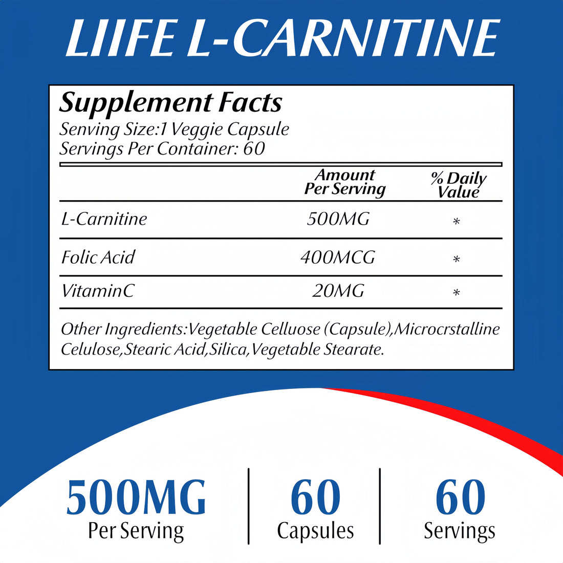 LIIFE L-Carnitine with Folic Acid (Vitamin B9) and Vitamin C,500 mg, 60 Capsules,Supports Healthy Fetal Development, Cardiovascular Function* - Metabolism & Reproductive Health Support*
