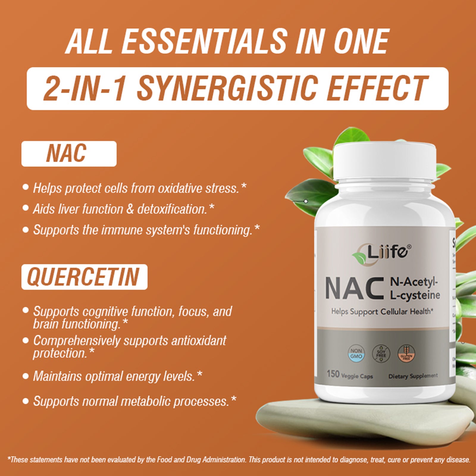 LIIFE NAC (N-Acetylcysteine), 600mg,  Non-GMO, Gluten-Free, Soy-Free, 150 Vegan Capsules