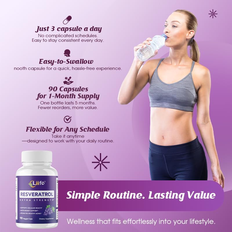 LIIFE Resveratrol Supplement with Trans-Resveratrol & Black Pepper Extract | Antioxidant Support for Cellular Health, Energy & Healthy Aging,