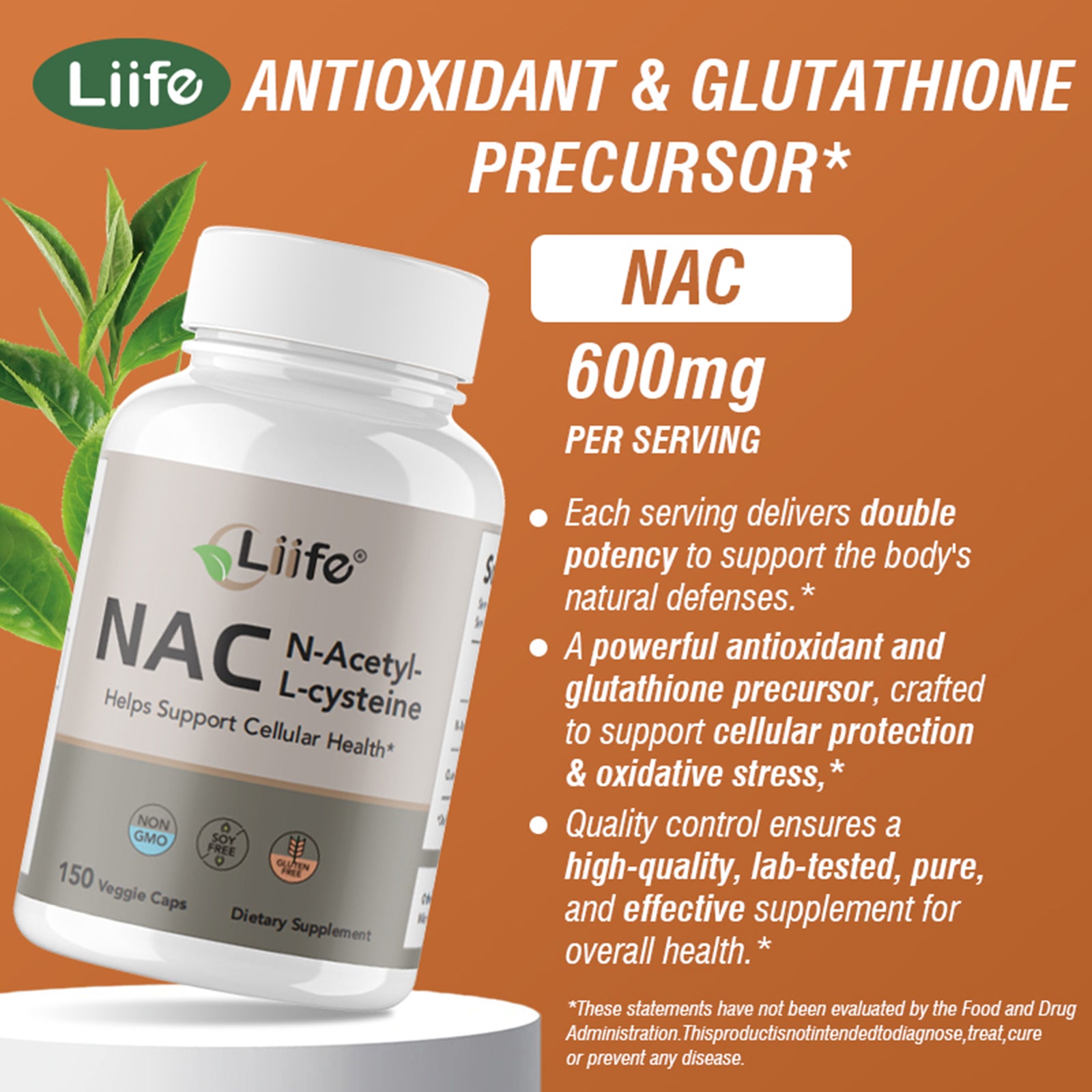 LIIFE NAC (N-Acetylcysteine), 600mg,  Non-GMO, Gluten-Free, Soy-Free, 150 Vegan Capsules