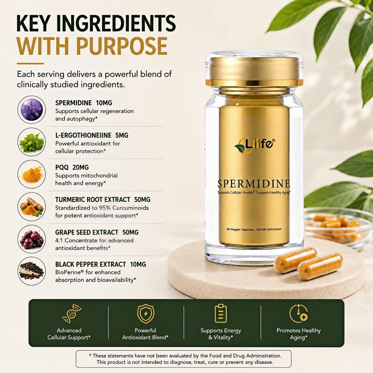 LIIFE Spermine Supplement for Women & Men（6-in-1 Formula）— 60 Vegan for Cellular Health, Anti-Aging & Energy* - Made in USA - 10MG Spermine Per Serving