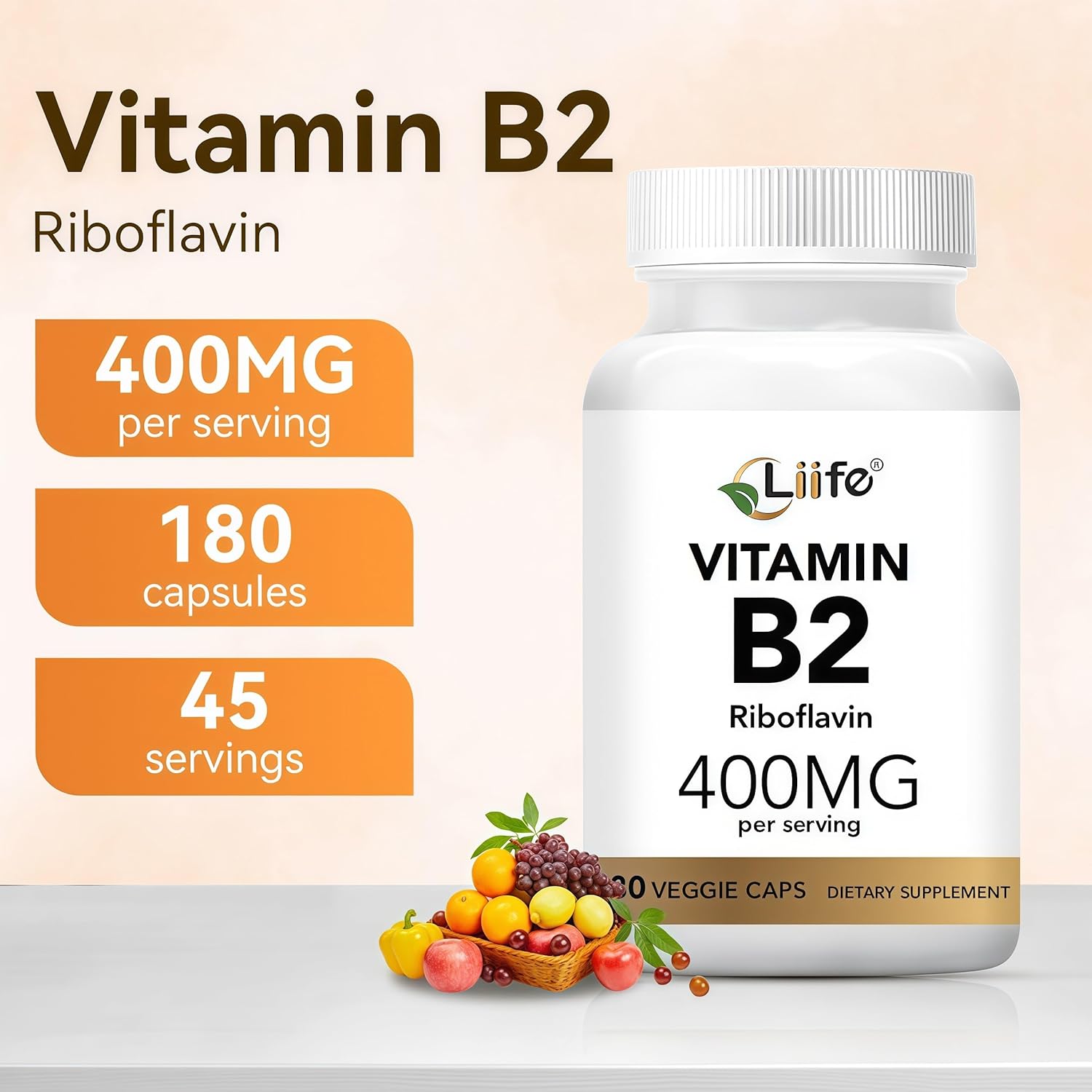 LIIFE High-Potency Vitamin B2 (Riboflavin) 400 mg - 180 Vegetarian Capsules, supports energy metabolism and mucosal health, promotes healthy skin, gluten-free, non-GMO