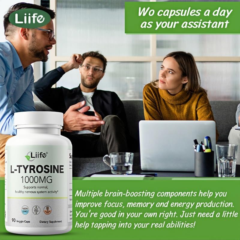 LIIFE L-Tyrosine 1000mg, Supports Normal Healthy Nervous System Activity, enhances Focus, and eases Mood* - 90 Capsules - Gluten-Free & Non-GMO
