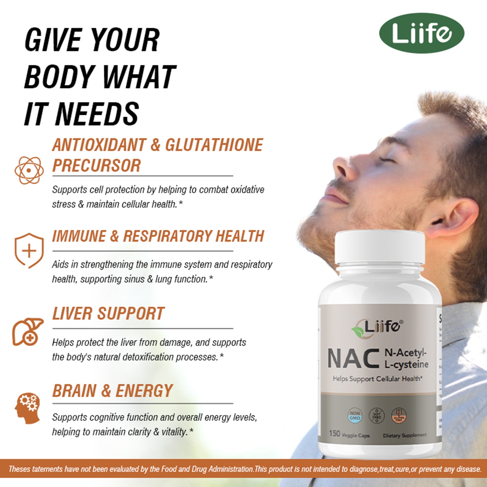 LIIFE NAC (N-Acetylcysteine), 600mg,  Non-GMO, Gluten-Free, Soy-Free, 150 Vegan Capsules