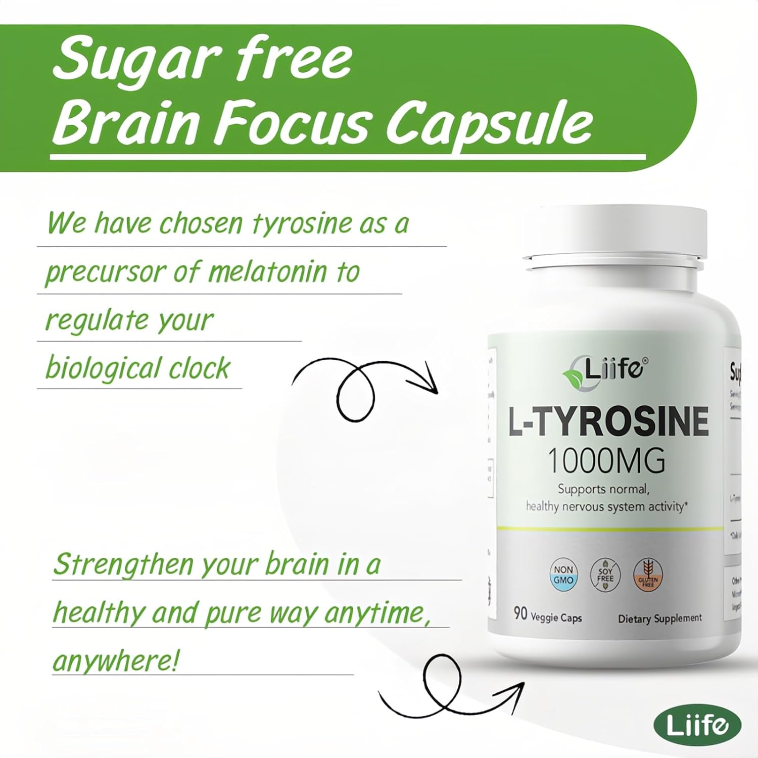 LIIFE L-Tyrosine 1000mg, Supports Normal Healthy Nervous System Activity, enhances Focus, and eases Mood* - 90 Capsules - Gluten-Free & Non-GMO