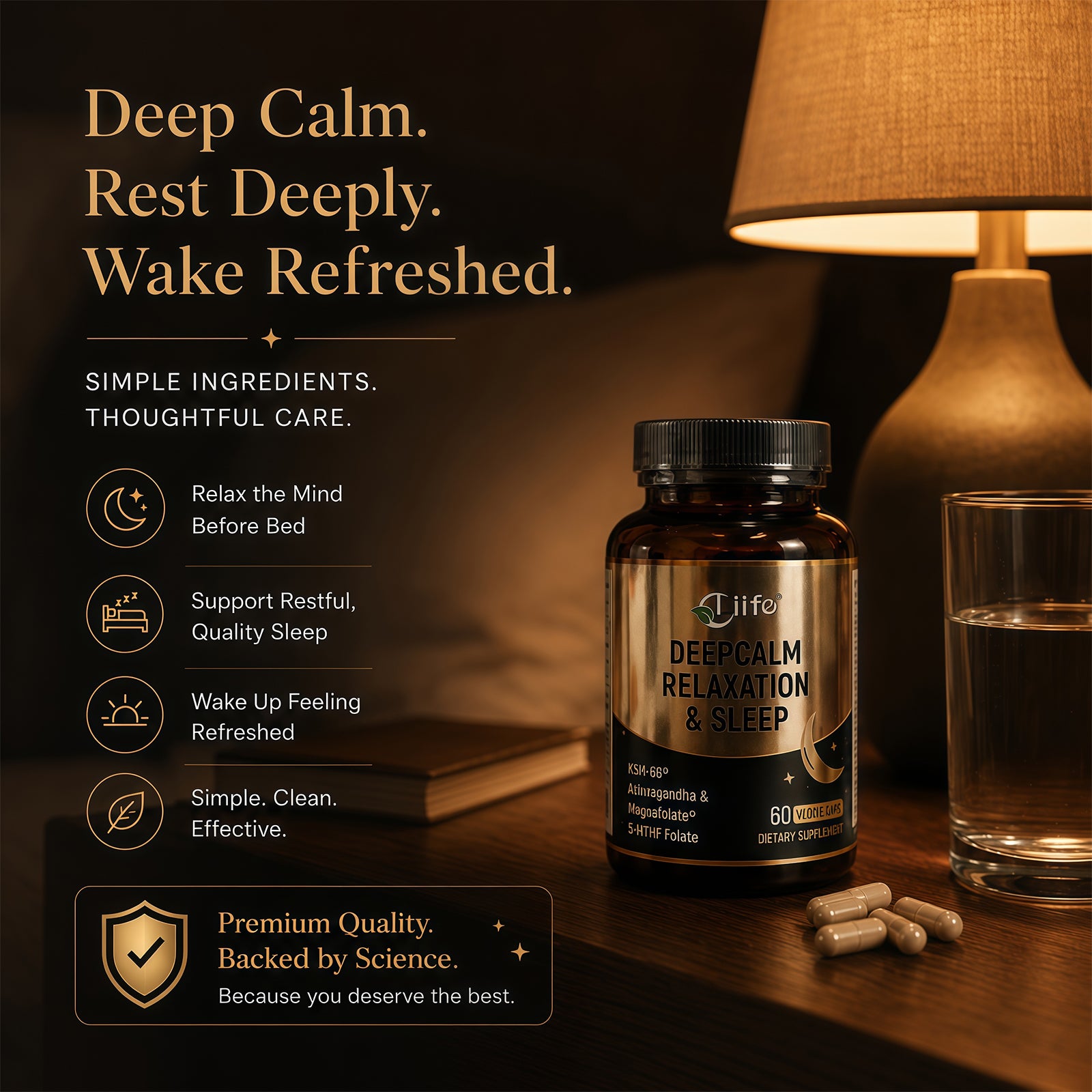 LIIFE DeepCalm Relaxation & Sleep Supplement with KSM-66 Ashwagandha, GABA, L-Theanine & 5-MTHF Folate, Supports Calm Mood & Healthy Sleep Cycle, 60 Veggie Capsules