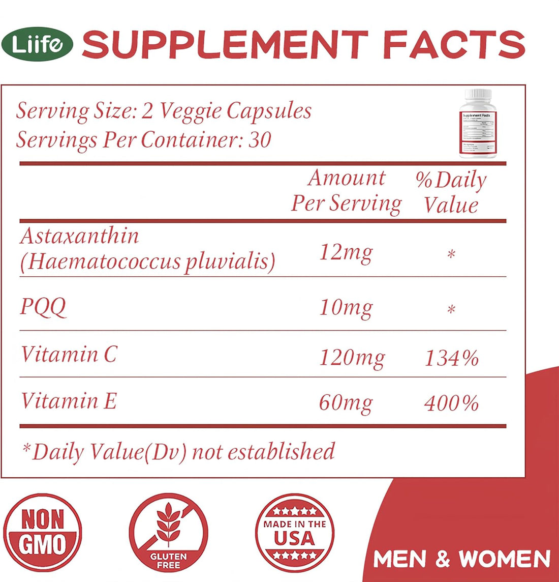 LIIFE Astaxanthin + PQQ | Source of Haematococcus pluvialis | Supports Eye, Joint, Skin & Internal Circulation Health | Natural Tanning & Antioxidant Support | 60 Softgels