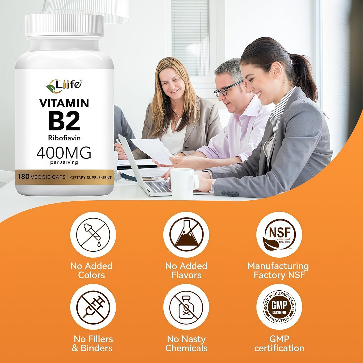 LIIFE High-Potency Vitamin B2 (Riboflavin) 400 mg - 180 Vegetarian Capsules, supports energy metabolism and mucosal health, promotes healthy skin, gluten-free, non-GMO