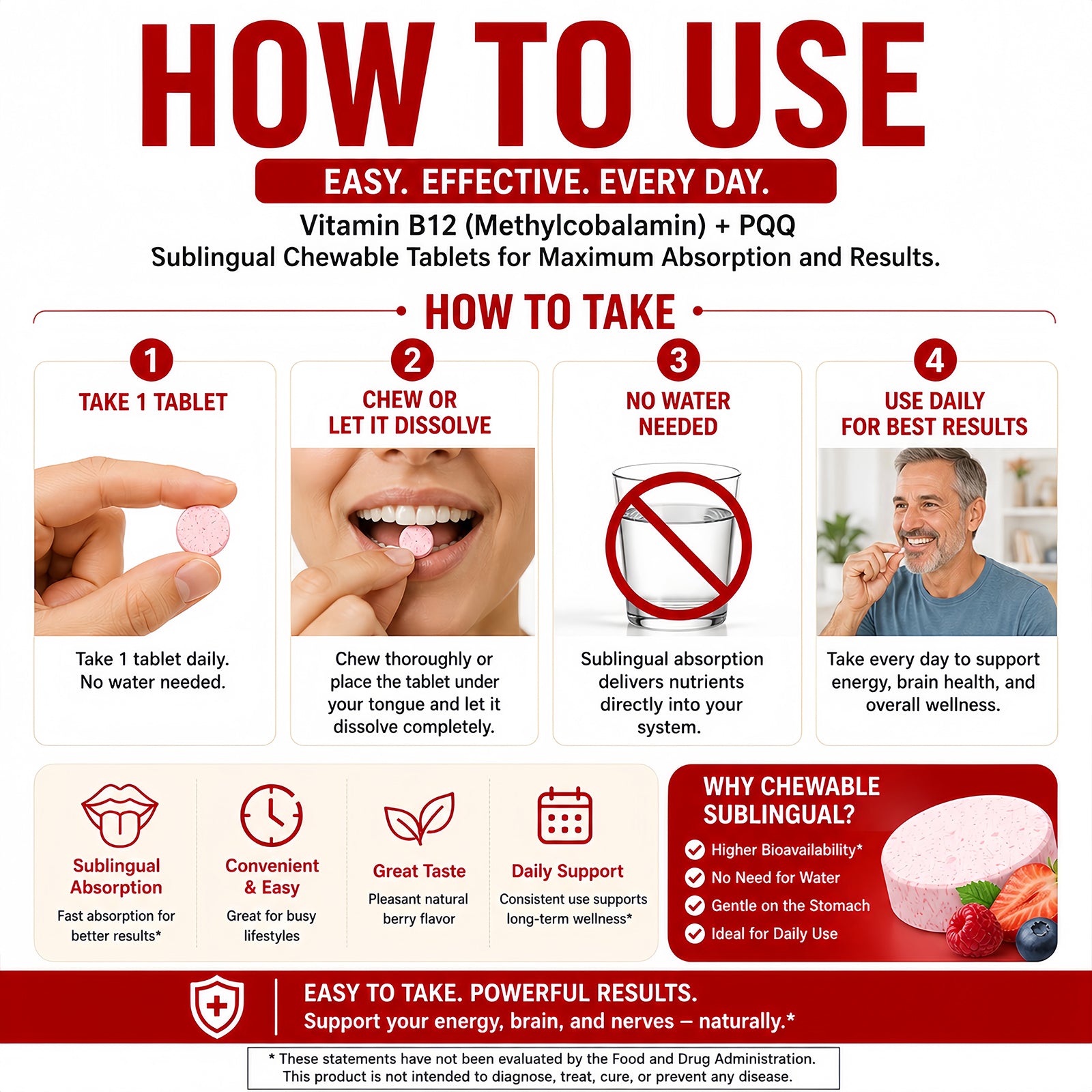 LIIFE B12 (Methylcobalamin) 5000 mcg, Cherry-Flavored Sublingual Chewable Tablets