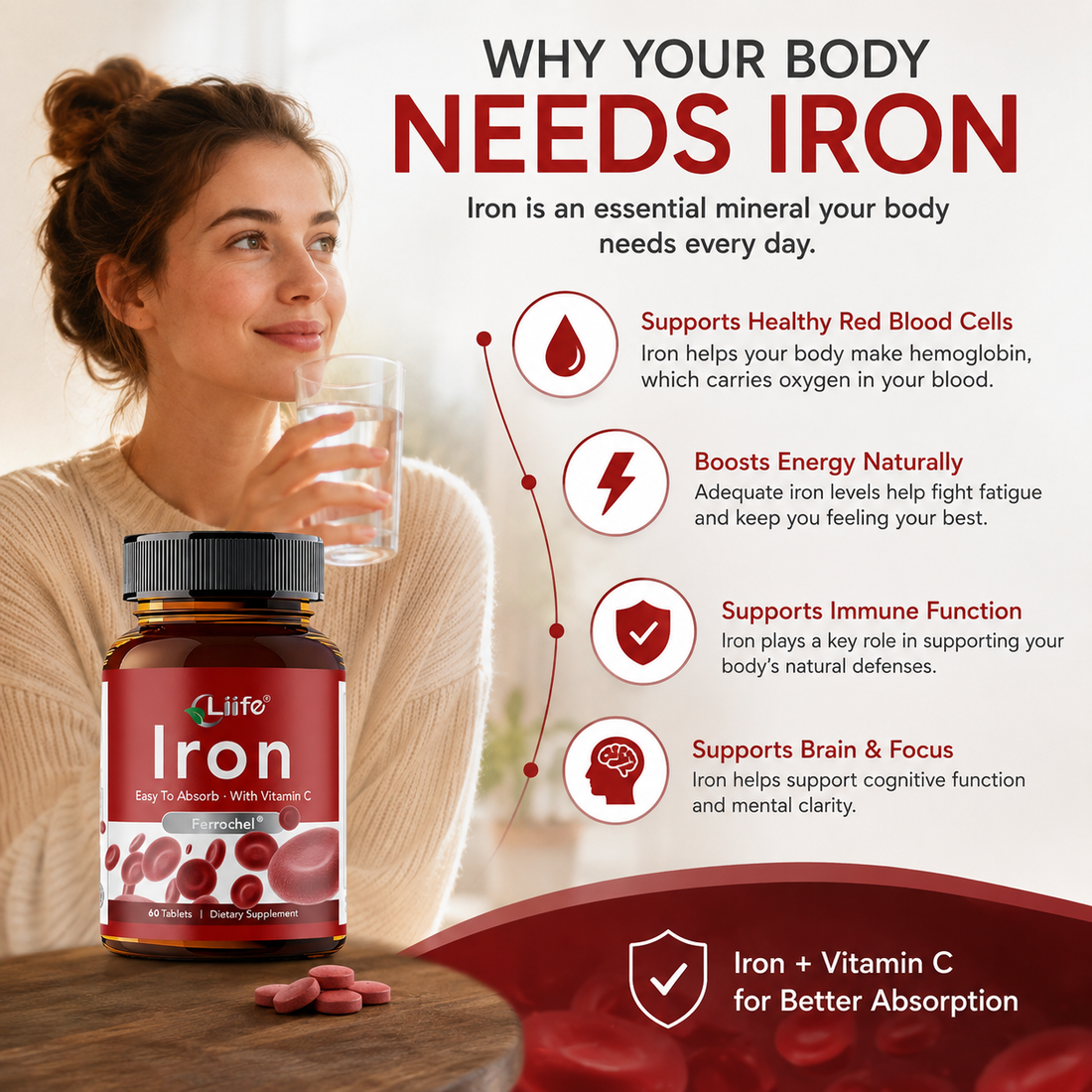 Liife Gentle Chelated Iron 30mg Supplement with Vitamin C B12 Folate, Support Red Blood Cell & Energy Levels, Non-Constipating 60 Tablets