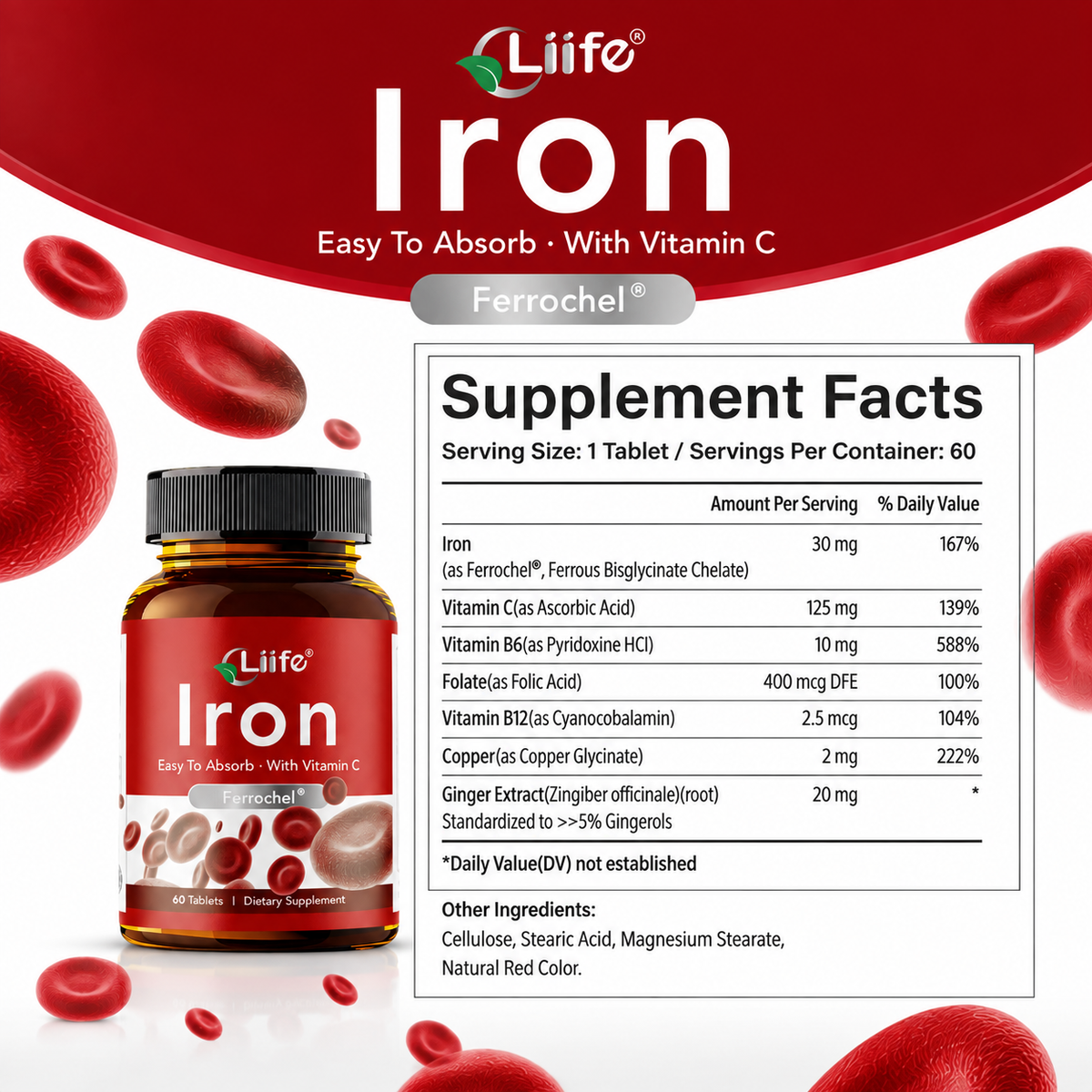 Liife Gentle Chelated Iron 30mg Supplement with Vitamin C B12 Folate, Support Red Blood Cell & Energy Levels, Non-Constipating 60 Tablets