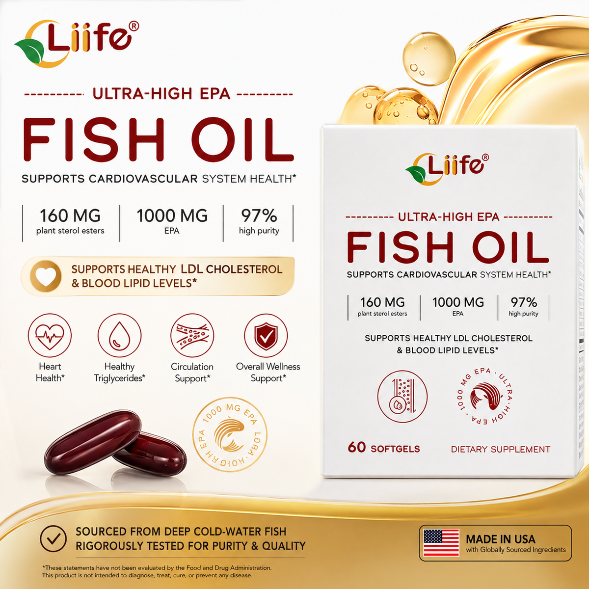 Liife Ultra High EPA Fish Oil 97% High Purity, 1000mg EPA with Red Yeast Rice Extract, Plant Sterol Esters, CoQ10 and Astaxanthin, Supports Cardiovascular Health and Healthy LDL Cholesterol, 60 Softgels