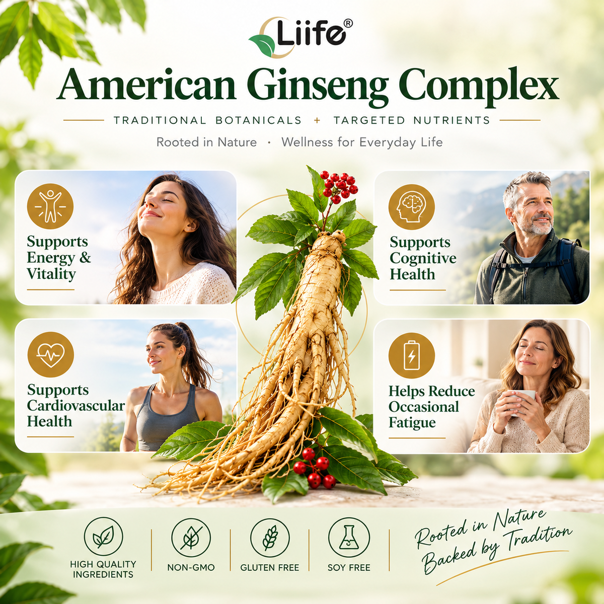 Liife American Ginseng Complex with 80% Ginsenosides, Ginkgo Biloba, Astragalus and BioPerine, Energy and Cognitive Support, 60 Veggie Capsules