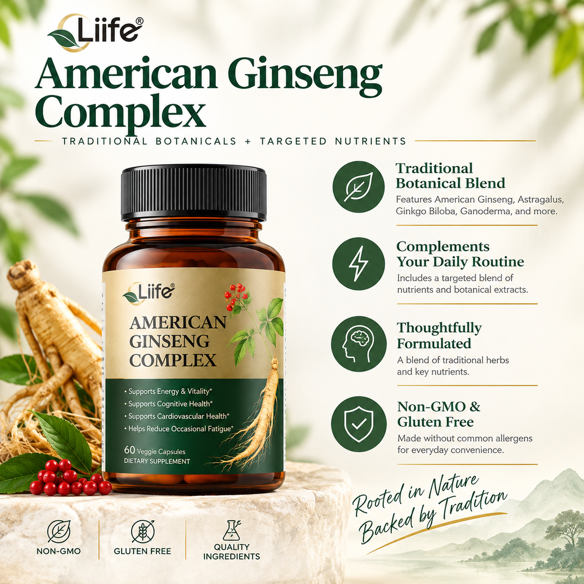 Liife American Ginseng Complex with 80% Ginsenosides, Ginkgo Biloba, Astragalus and BioPerine, Energy and Cognitive Support, 60 Veggie Capsules