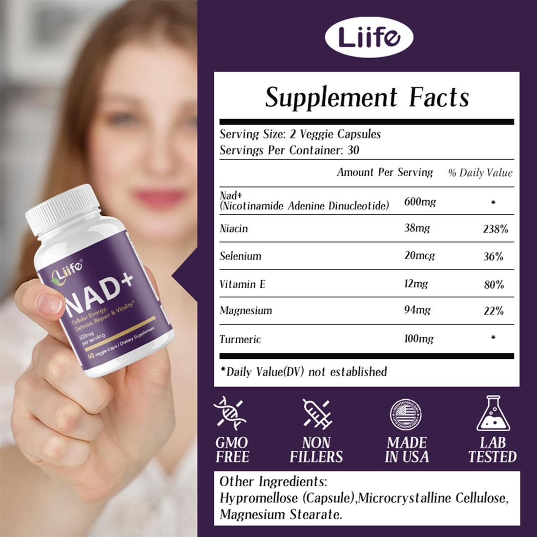 LIIFE Niacinamide Adenosine Dinucleotide 600 mg, with Niacinamide and Curcumin, 60 Vegetarian Capsules