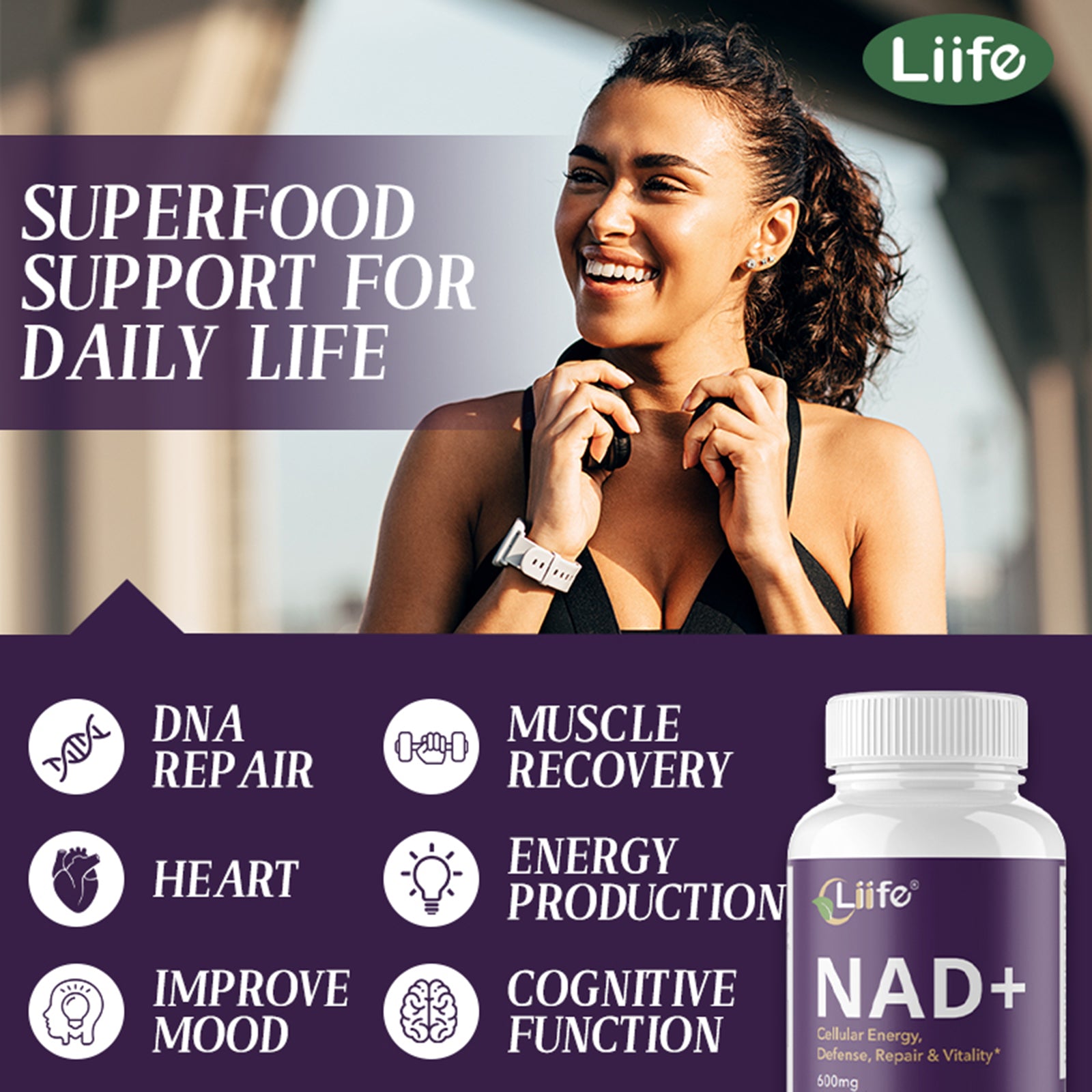 LIIFE Niacinamide Adenosine Dinucleotide 600 mg, with Niacinamide and Curcumin, 60 Vegetarian Capsules