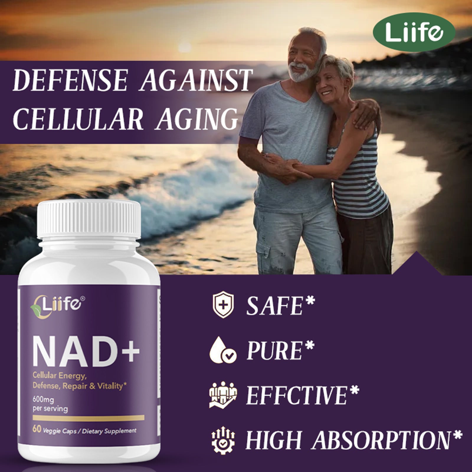 LIIFE Niacinamide Adenosine Dinucleotide 600 mg, with Niacinamide and Curcumin, 60 Vegetarian Capsules