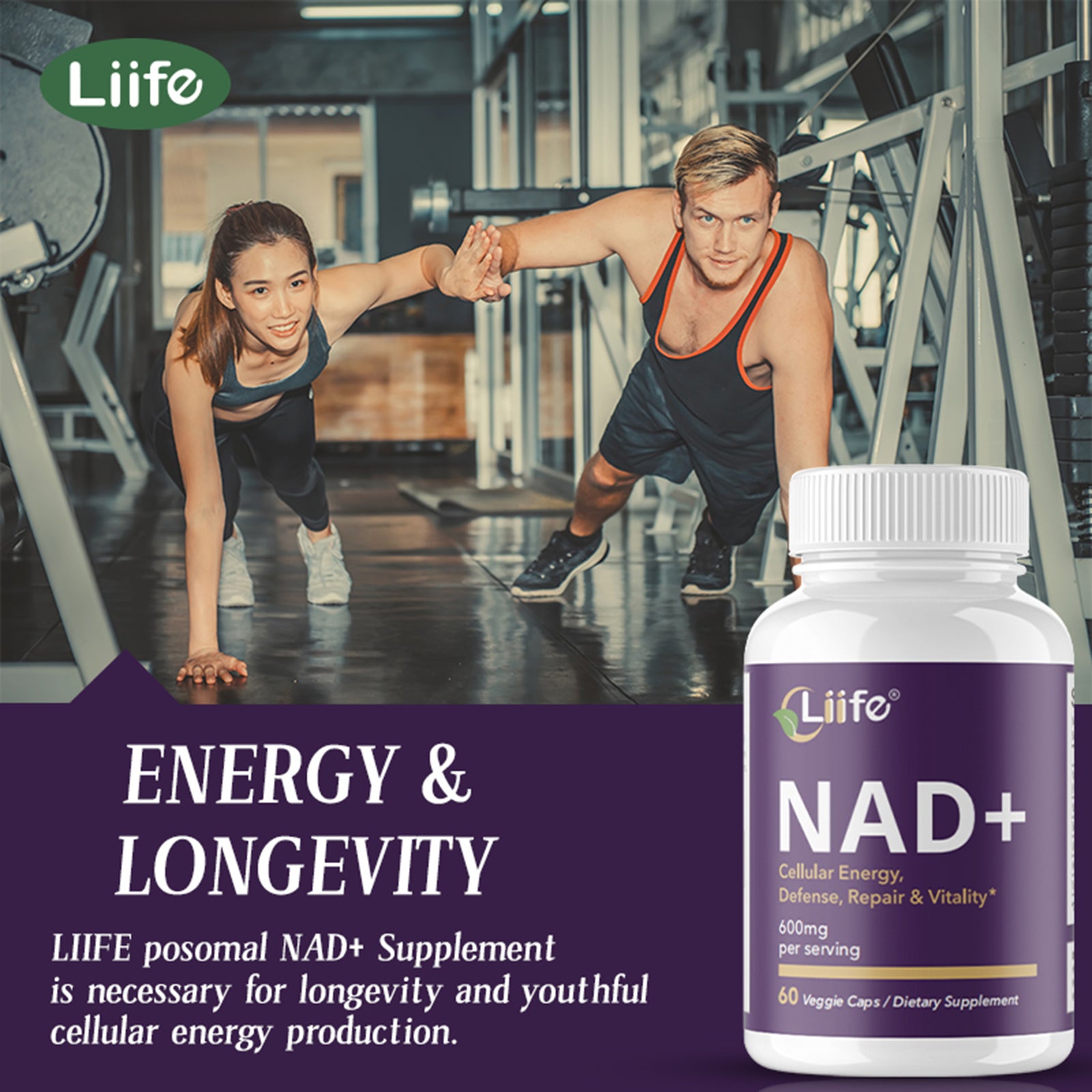 LIIFE Niacinamide Adenosine Dinucleotide 600 mg, with Niacinamide and Curcumin, 60 Vegetarian Capsules