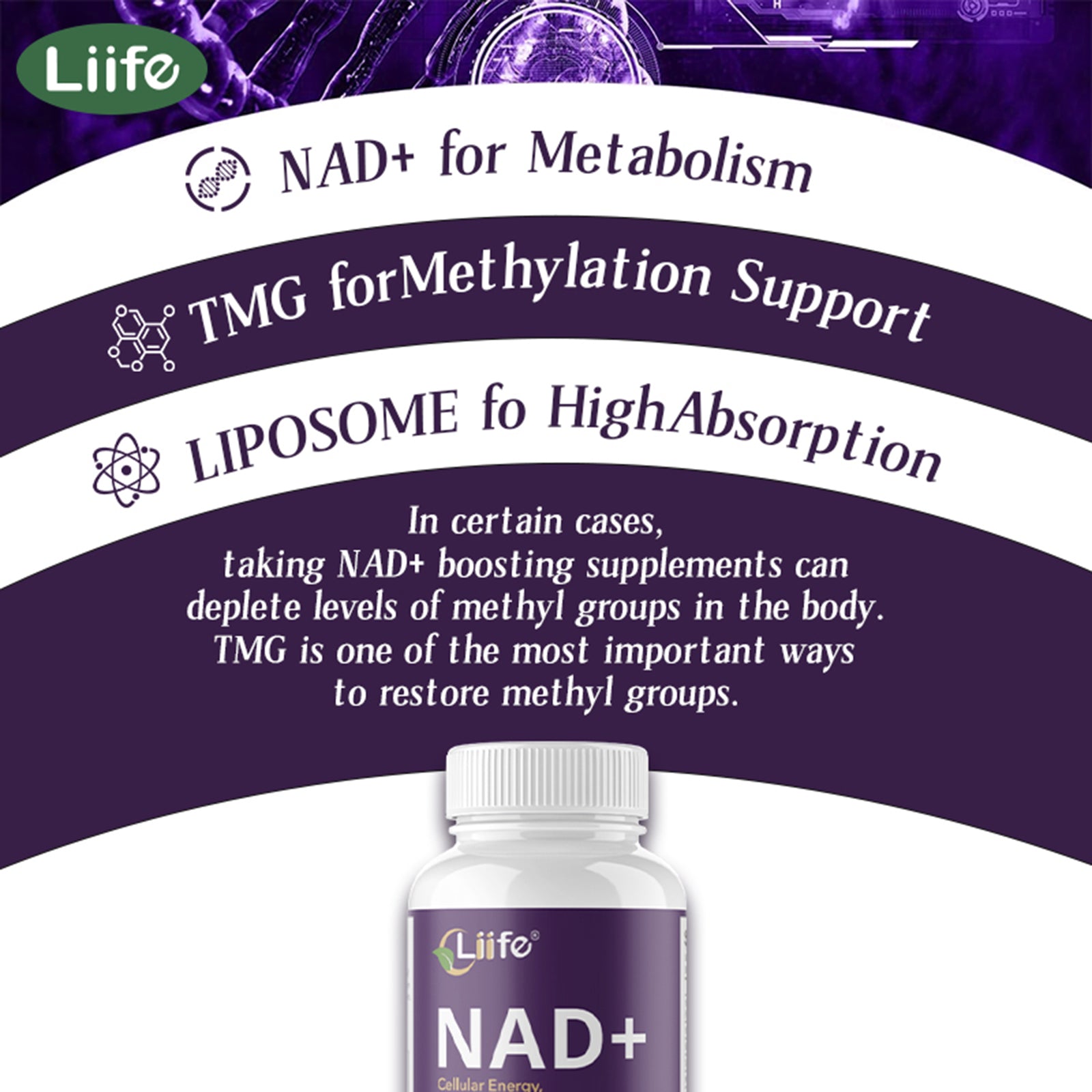 LIIFE Niacinamide Adenosine Dinucleotide 600 mg, with Niacinamide and Curcumin, 60 Vegetarian Capsules