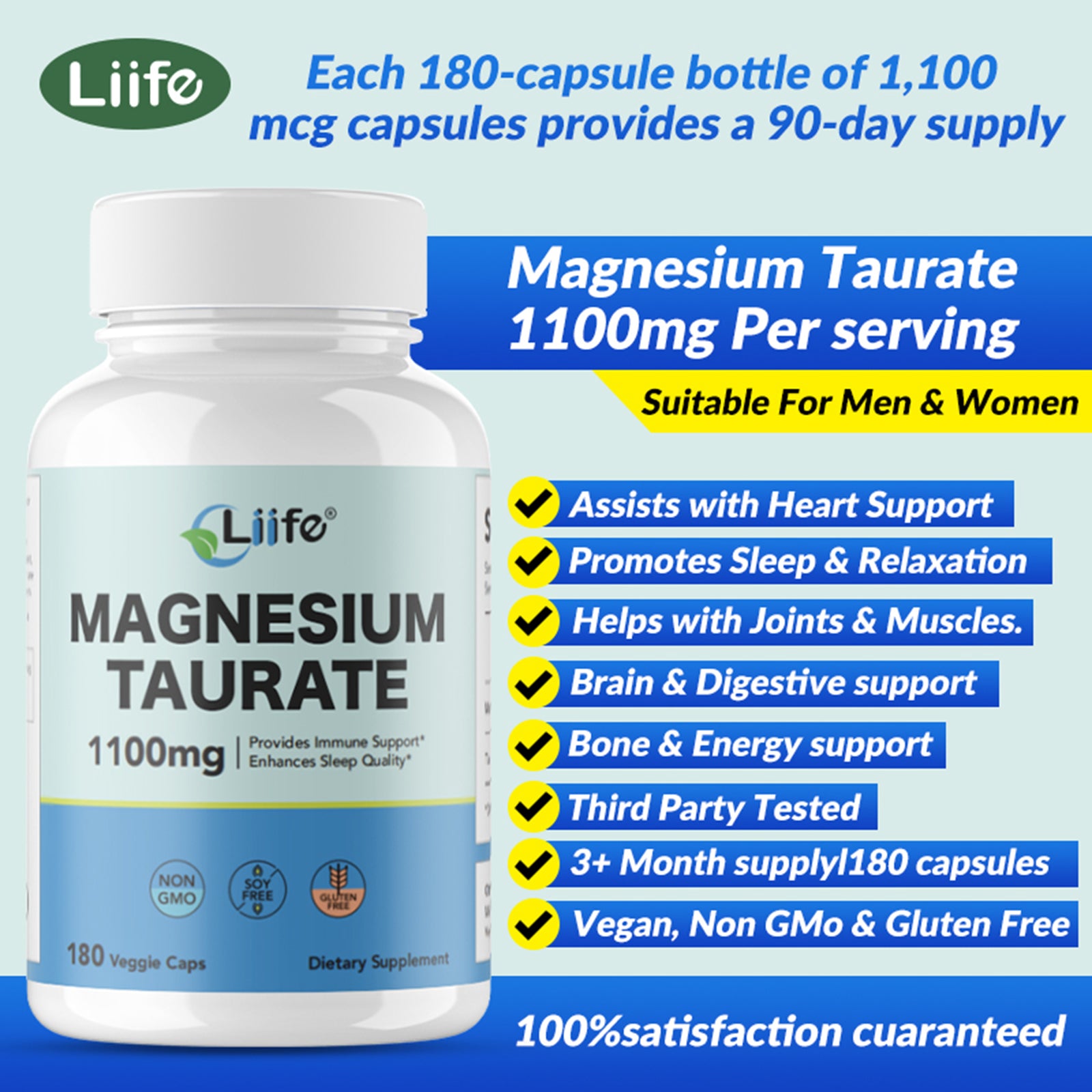 LIIFE Magnesium Taurate 1100mg -180 Vegetarian Capsules-200MG Elemental Magnesium Per Serving - Supports restful Sleep & Helps Maintain Healthy Muscle Function