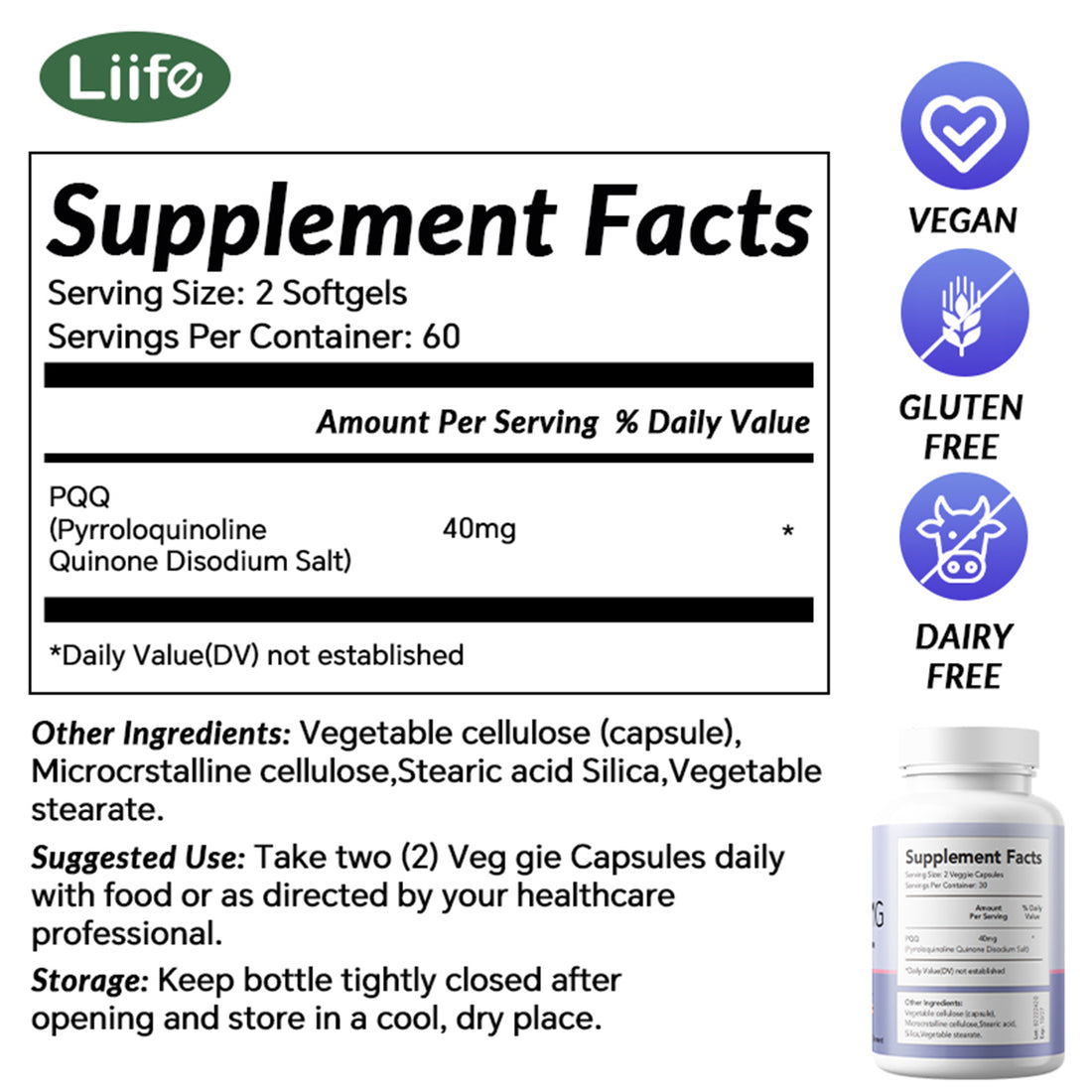 LIIFE High Potency PQQ (30 Servings) – Pyrroloquinoline Quinone as PureQQ for Mitochondrial Support, Cognitive Health & Energy Boost -Non-GMO, Soy-Free, Gluten-Free
