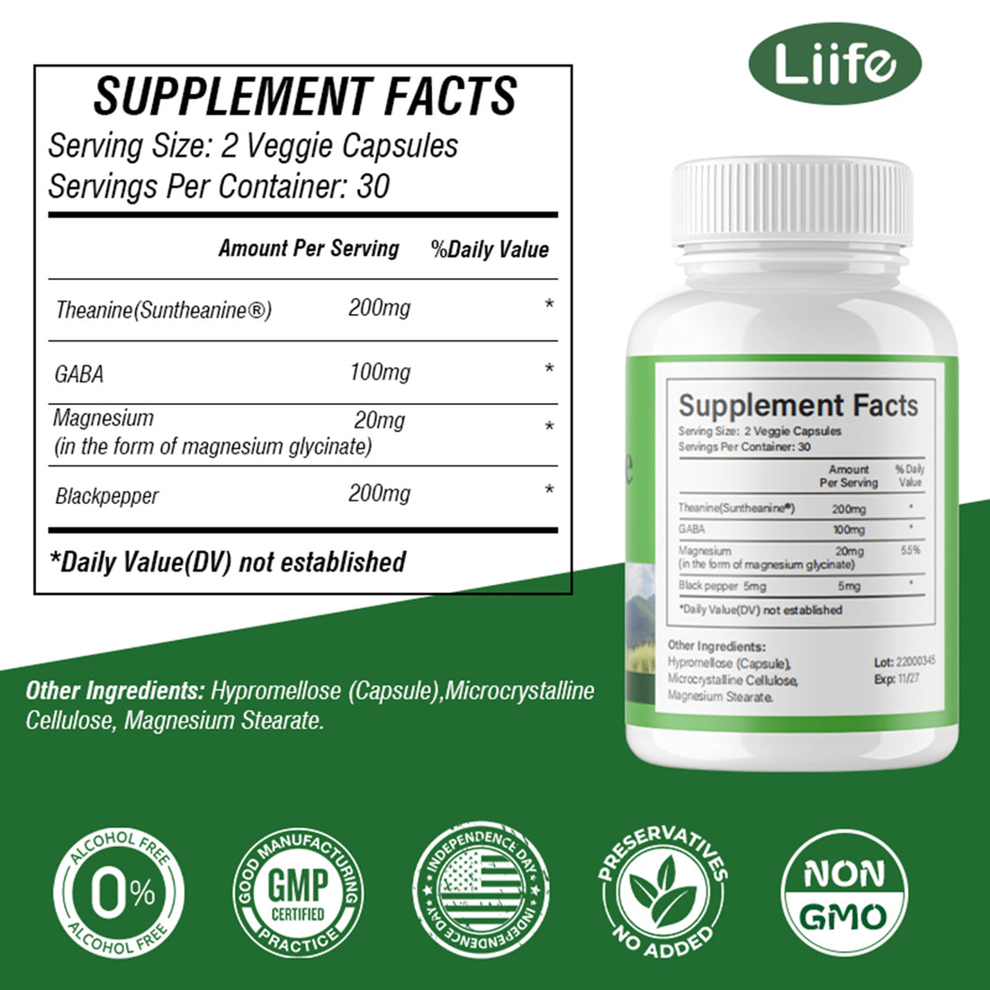 LIIFE L-Theanine (Suntheanine®) with GABA– 60 Veggie Capsules Support with Magnesium & Black Pepper for a Healthy Stress Response, Relaxation, and Focus Increases Brain Alpha-Wave Production*