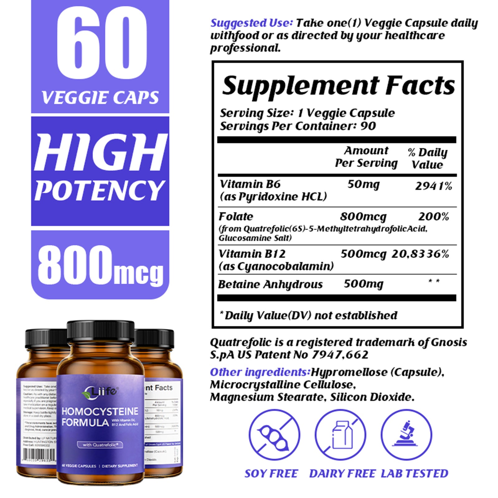 LIIFE Homocysteine Formula – Quatrefolic, B6/B12/Betaine | 60 Veggie Caps