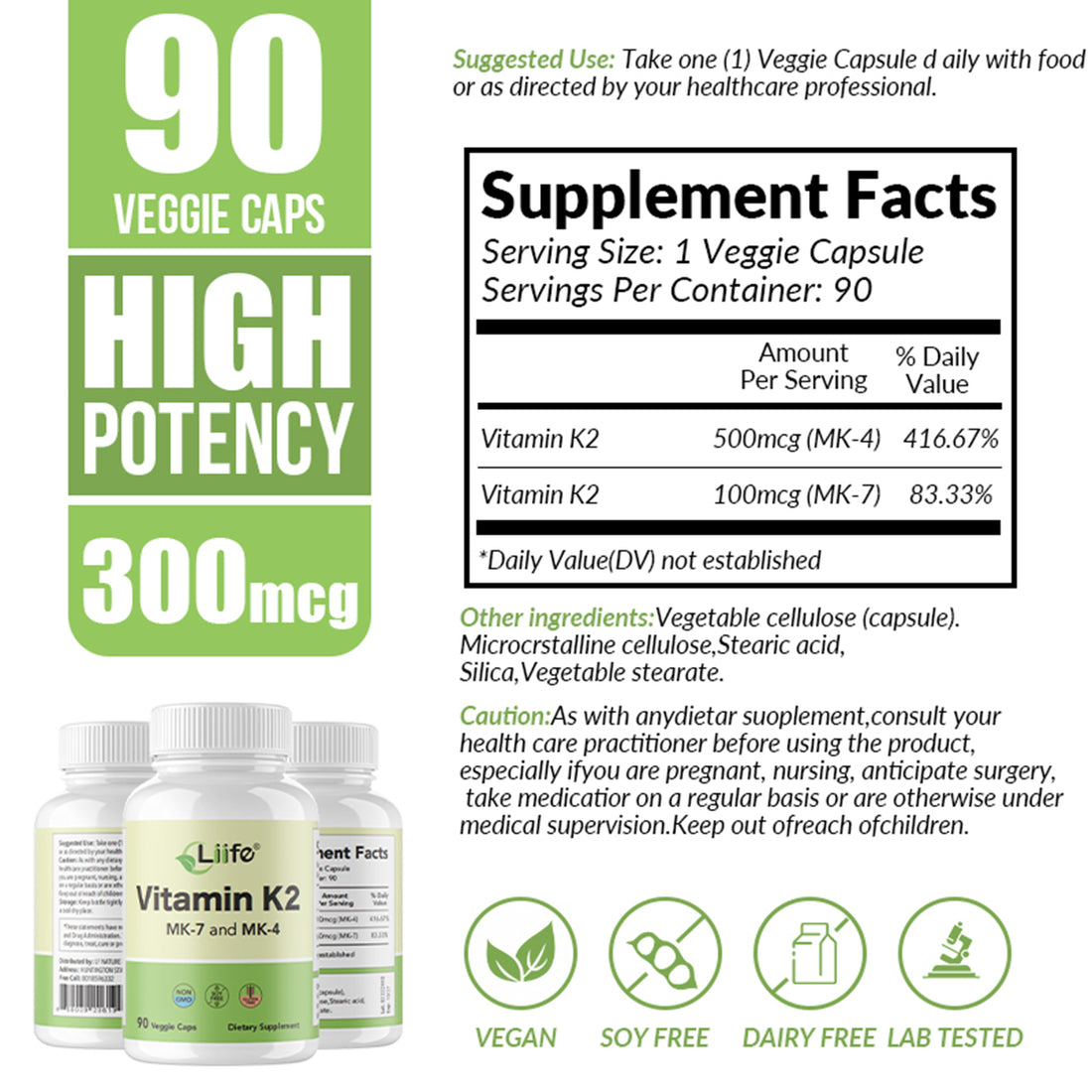 LIIFE Vitamin K2 600mcg Supplement with MK-7 100mcg & MK-4 500mcg,90 Vegetable Capsules for Bone & Cardiovascular Health | Non-GMO & Gluten Free